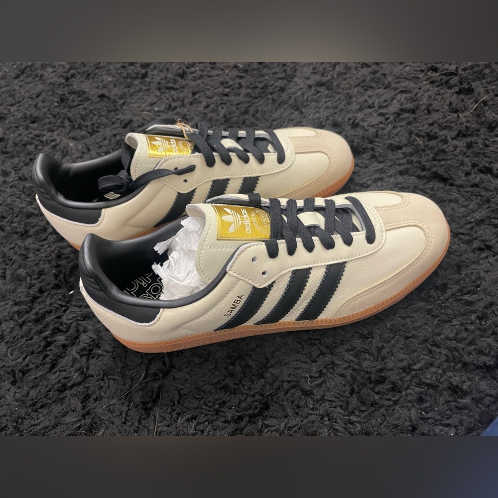 Adidas Samba Shoes in Cream and Black with Gold Accents